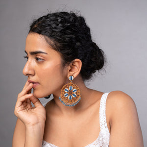 Indigo Blue Wheel Repurposed Fabric and Wood Earrings