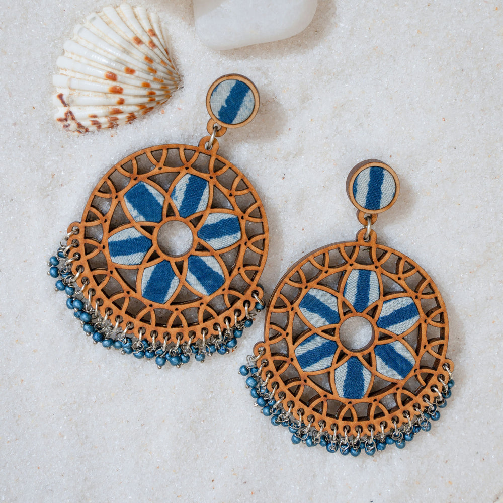Indigo Blue Wheel Repurposed Fabric and Wood Earrings