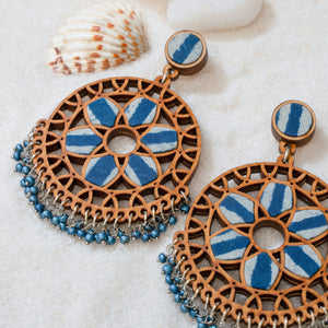 Indigo Blue Wheel Repurposed Fabric and Wood Earrings