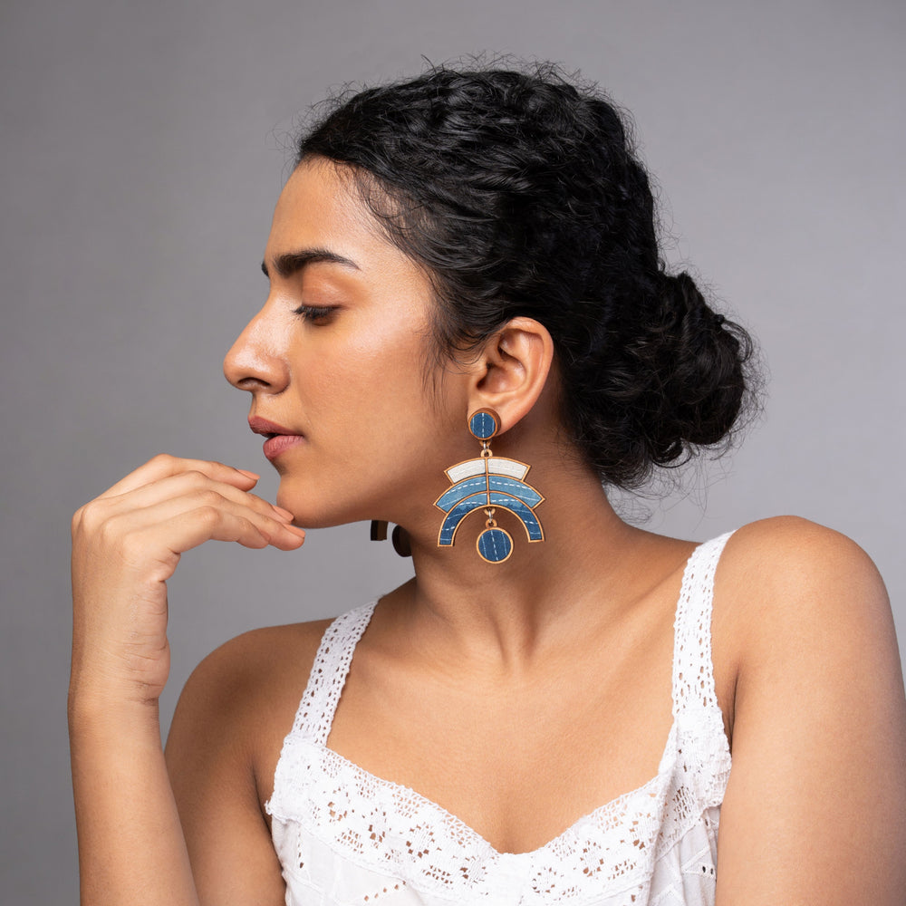 Shade of Indigo Blue Arch Repurposed Fabric and Wood Earrings