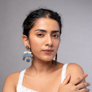 Shade of Indigo Blue Arch Repurposed Fabric and Wood Earrings