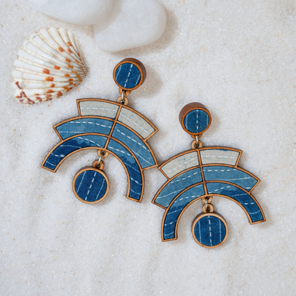 Shade of Indigo Blue Arch Repurposed Fabric and Wood Earrings