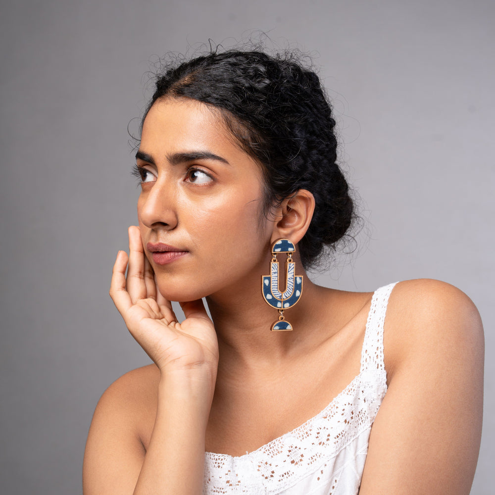 Indigo Blue Repurposed Fabric and Wood Statement Earrings