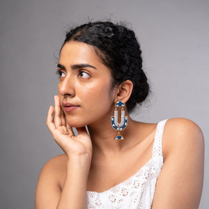 Indigo Blue Repurposed Fabric and Wood Statement Earrings