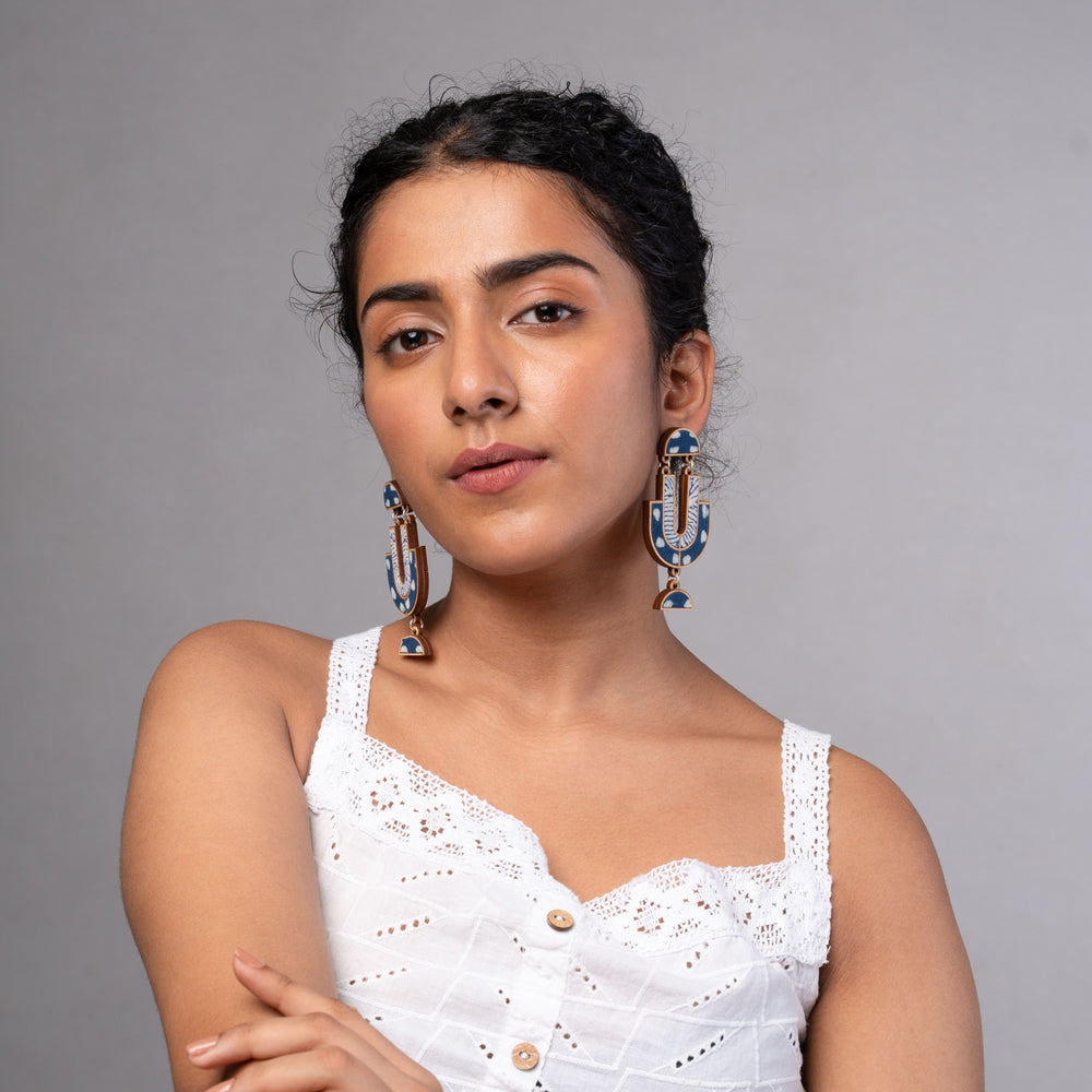 Indigo Blue Repurposed Fabric and Wood Statement Earrings