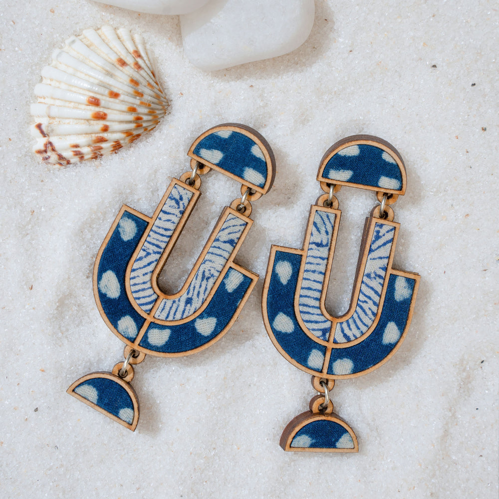Indigo Blue Repurposed Fabric and Wood Statement Earrings