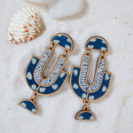 Indigo Blue Repurposed Fabric and Wood Statement Earrings