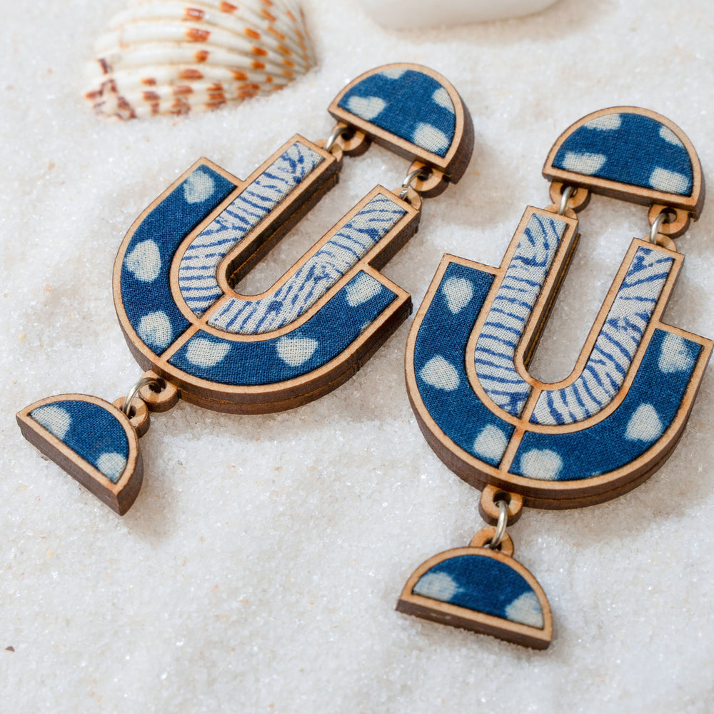Indigo Blue Repurposed Fabric and Wood Statement Earrings