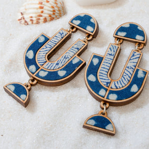 Indigo Blue Repurposed Fabric and Wood Statement Earrings