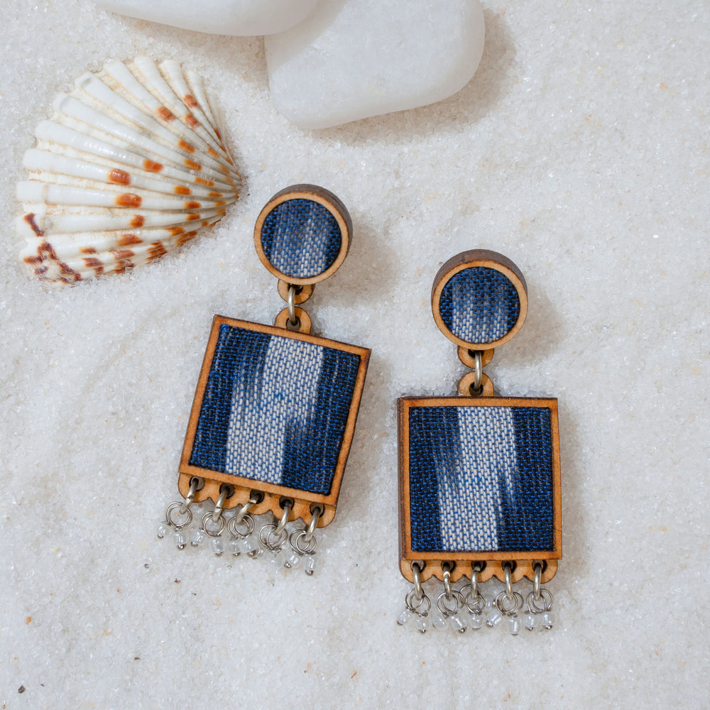 Blue Ikat Fabric and Repurposed Wood Square Danglers