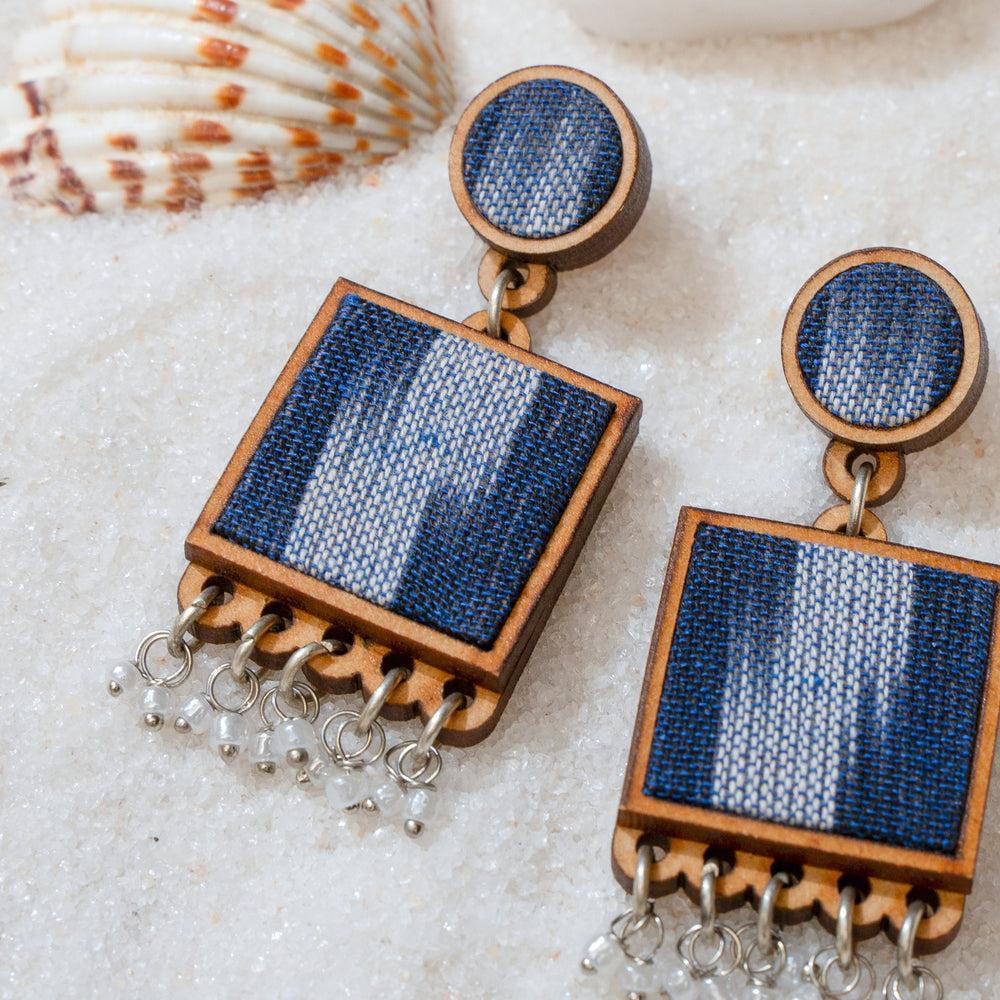 Blue Ikat Fabric and Repurposed Wood Square Danglers