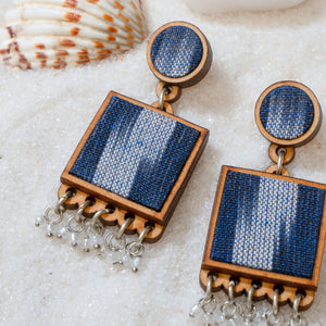 Blue Ikat Fabric and Repurposed Wood Square Danglers