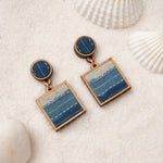 Shades of Indigo Blue Repurposed Fabric and Wood Square Danglers