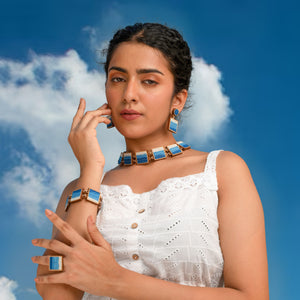 Shades of Indigo Blue Repurposed Fabric and Wood Square Danglers