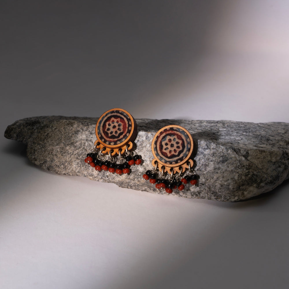 Multicolor Ajrakh Repurposed Fabric and Wood Round Studs