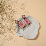 Floral Pink Square Repurposed Fabric and Wood Earrings