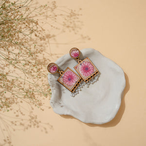 Floral Pink Square Repurposed Fabric and Wood Earrings