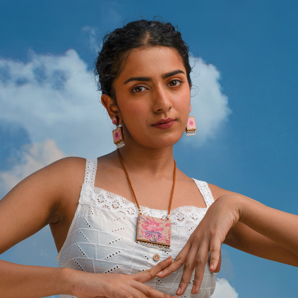 Floral Pink Square Repurposed Fabric and Wood Earrings