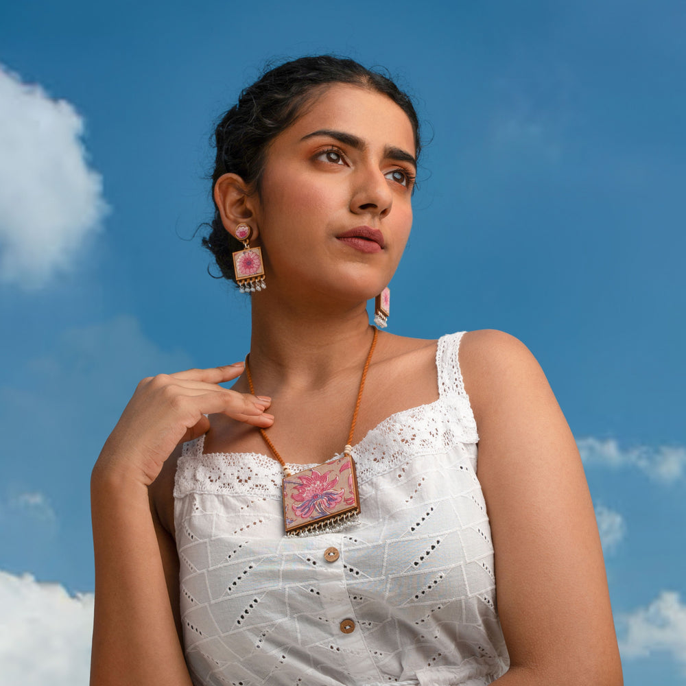 Floral Pink Square Repurposed Fabric and Wood Earrings