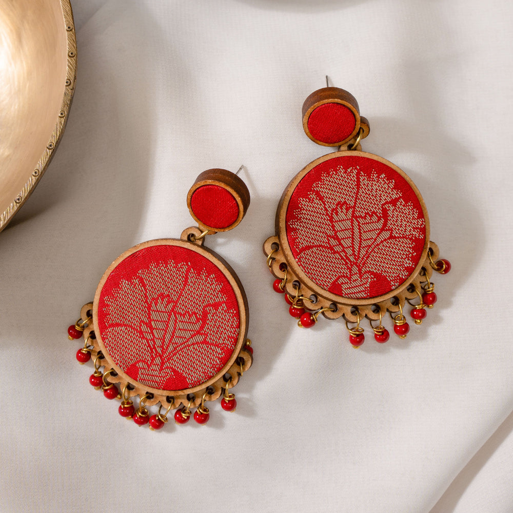 Red Festive Fabric and Repurposed Wood Round Danglers