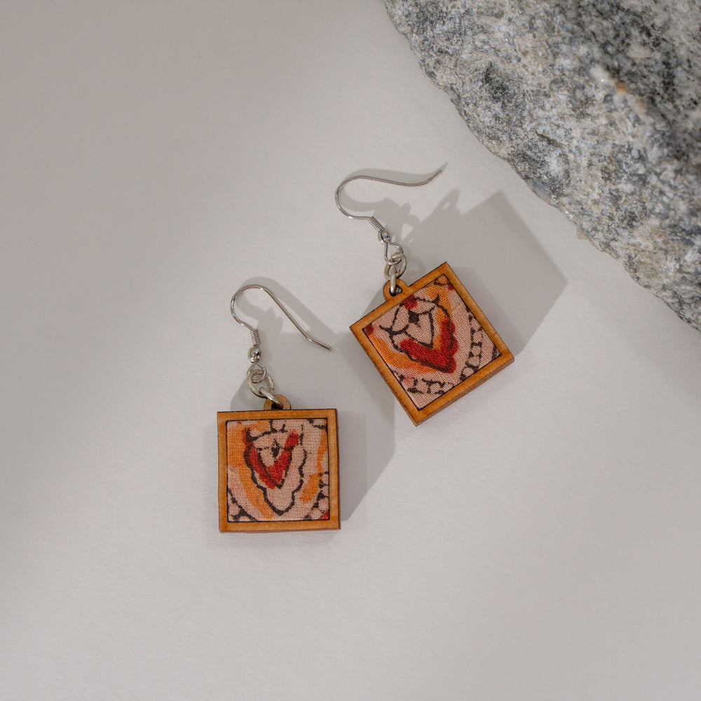 Red Repurposed Kalamkari Fabric and Repurposed Wood Earrings