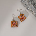 Red Repurposed Kalamkari Fabric and Repurposed Wood Earrings