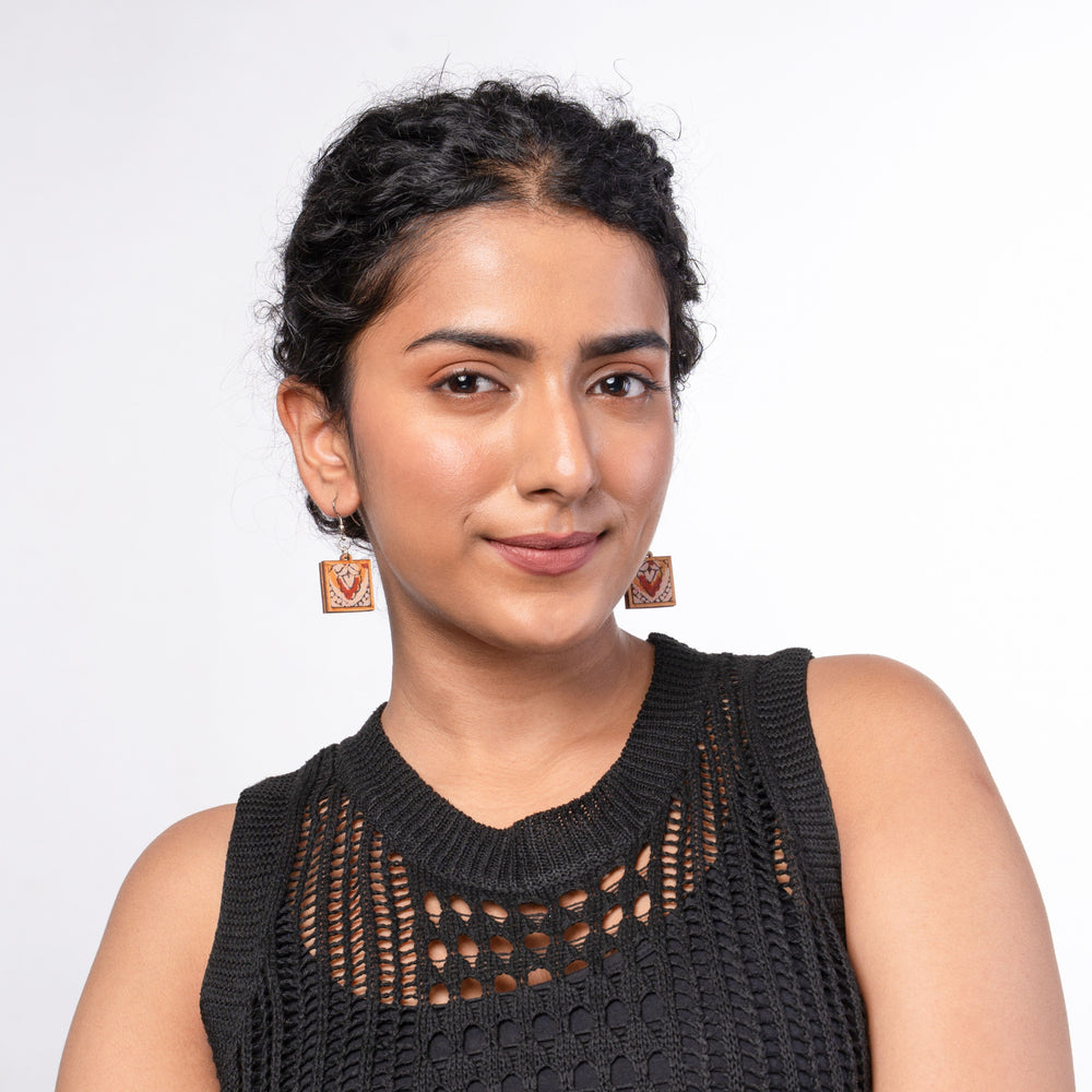 Red Repurposed Kalamkari Fabric and Repurposed Wood Earrings
