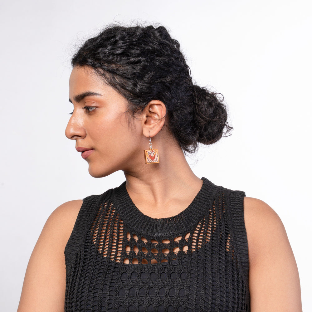 Red Repurposed Kalamkari Fabric and Repurposed Wood Earrings