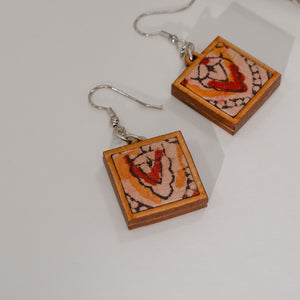 Red Repurposed Kalamkari Fabric and Repurposed Wood Earrings