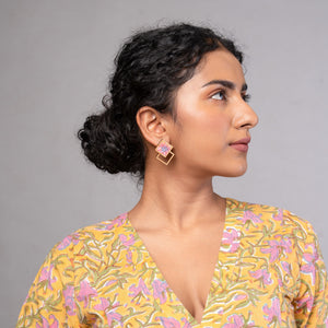 Double Square Pink Repurposed Fabric and Wood Earrings
