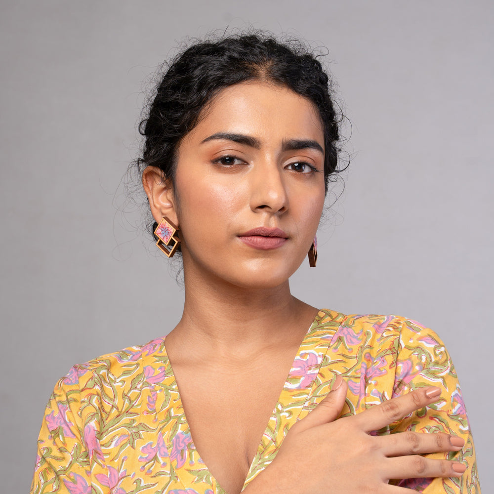 Double Square Pink Repurposed Fabric and Wood Earrings