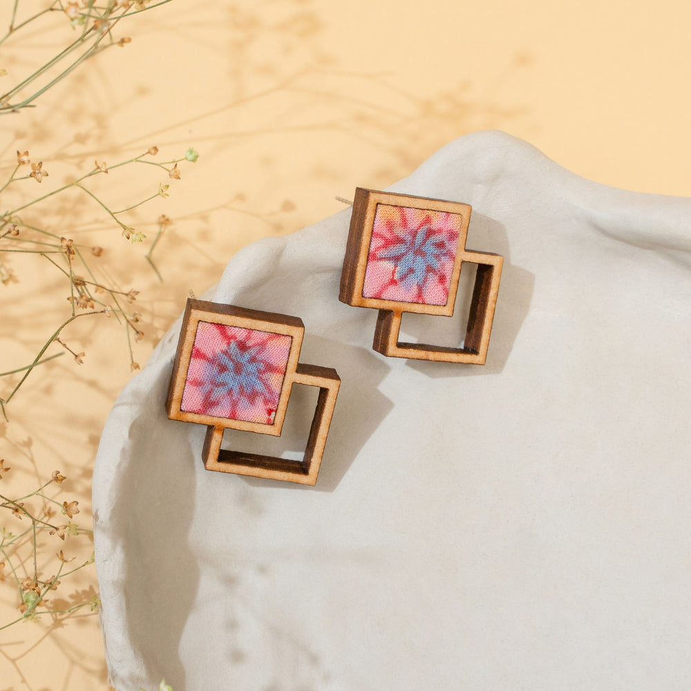 Double Square Pink Repurposed Fabric and Wood Earrings