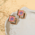 Double Square Pink Repurposed Fabric and Wood Earrings