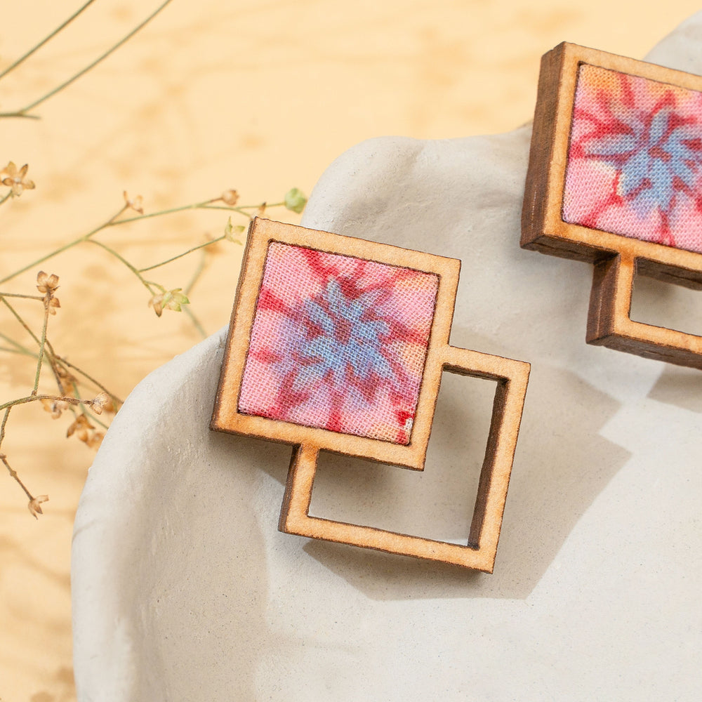 Double Square Pink Repurposed Fabric and Wood Earrings