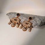 Black Kalamkari Floral Arch Repurposed Fabric and Wood Statement Earrings