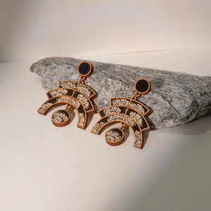 Black Kalamkari Floral Arch Repurposed Fabric and Wood Statement Earrings