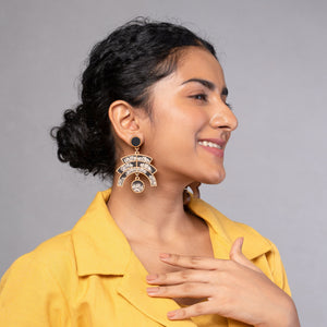 Black Kalamkari Floral Arch Repurposed Fabric and Wood Statement Earrings