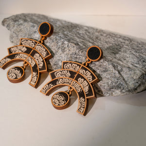 Black Kalamkari Floral Arch Repurposed Fabric and Wood Statement Earrings