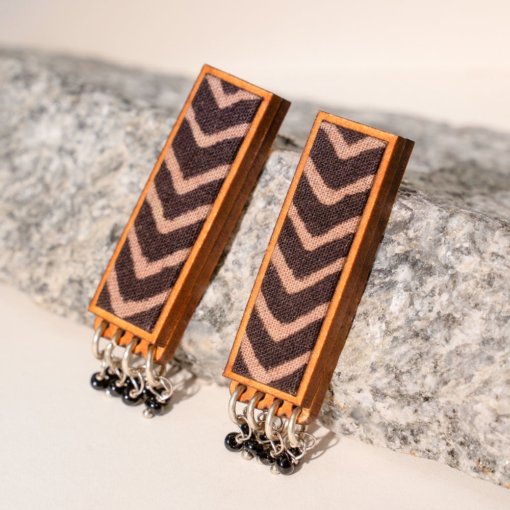 Ajrakh Black Repurposed Fabric and Wood Studs withBeads