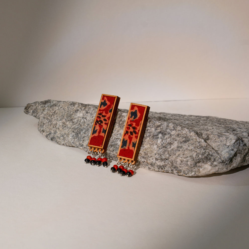 Red Ajrakh Repurposed Fabric and Wood Studs with Beads