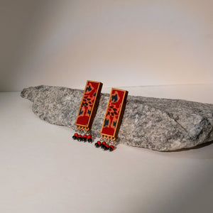 Red Ajrakh Repurposed Fabric and Wood Studs with Beads