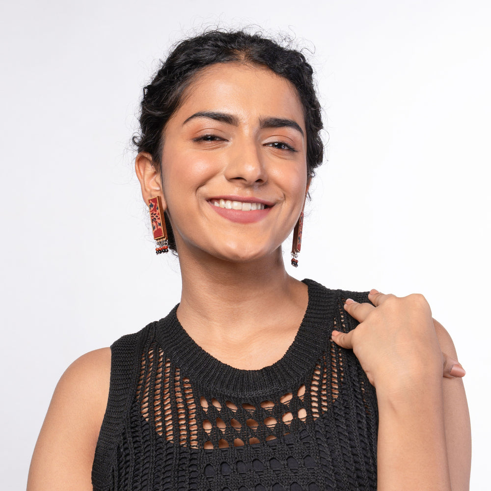 Red Ajrakh Repurposed Fabric and Wood Studs with Beads