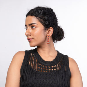Red Ajrakh Repurposed Fabric and Wood Studs with Beads