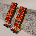 Red Ajrakh Repurposed Fabric and Wood Studs with Beads