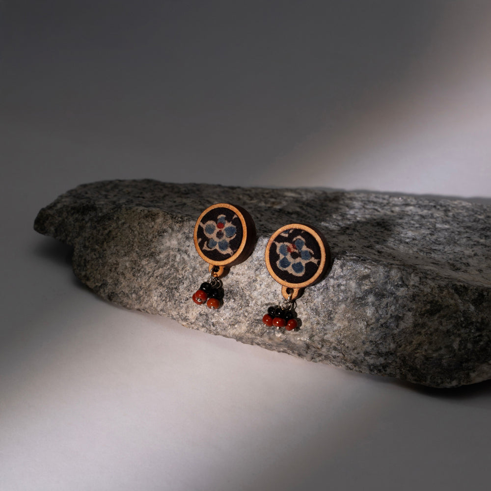 Ajrakh Multicolour Repurposed Fabric and Wood Stud Earrings