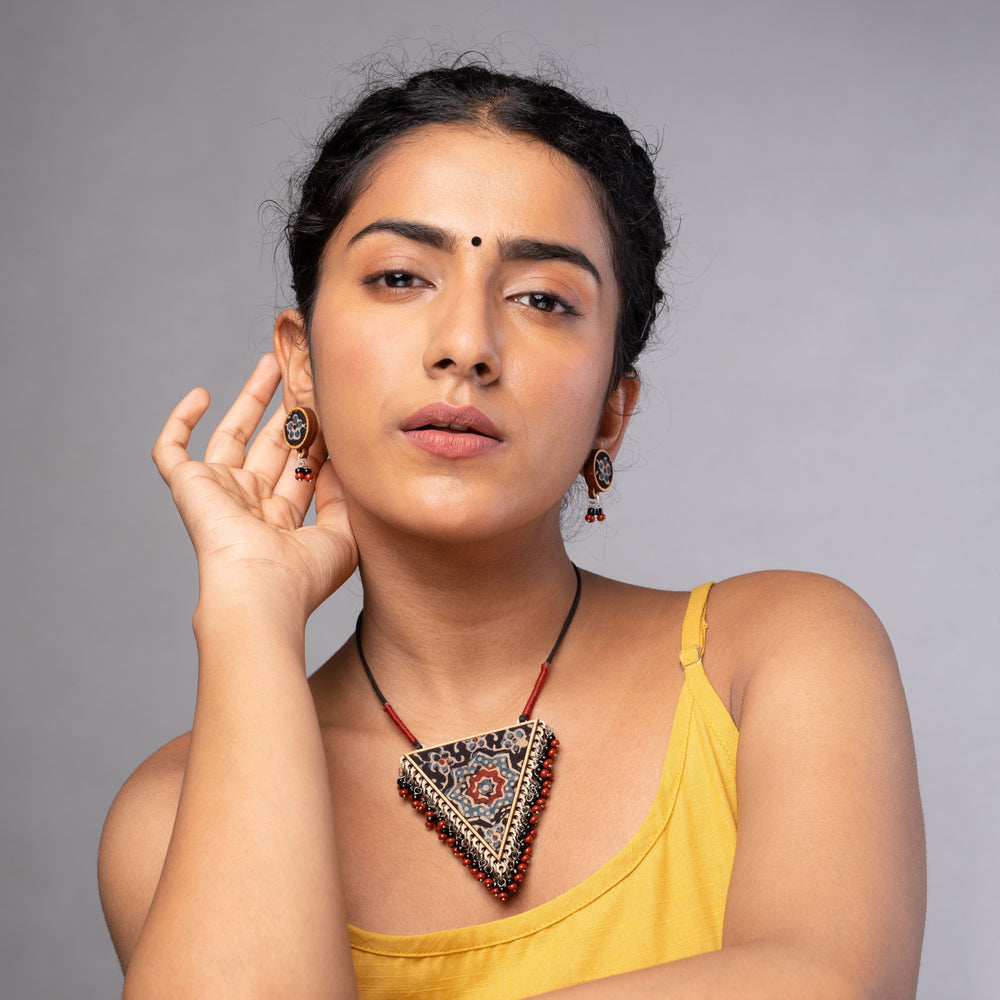 Ajrakh Multicolour Repurposed Fabric and Wood Stud Earrings