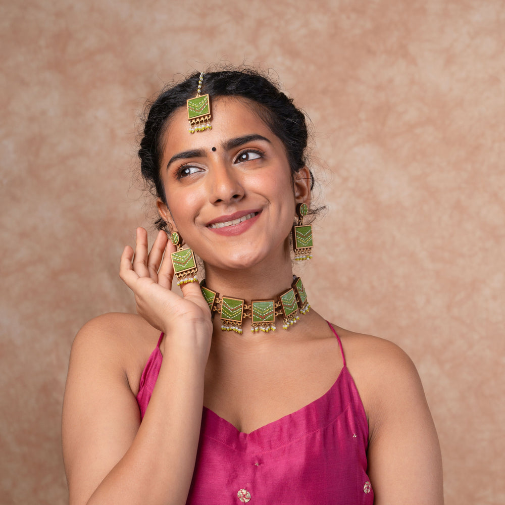 Kantha Green Repurposed Silk Fabric and Wood Earrings