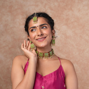 Kantha Green Repurposed Silk Fabric and Wood Earrings