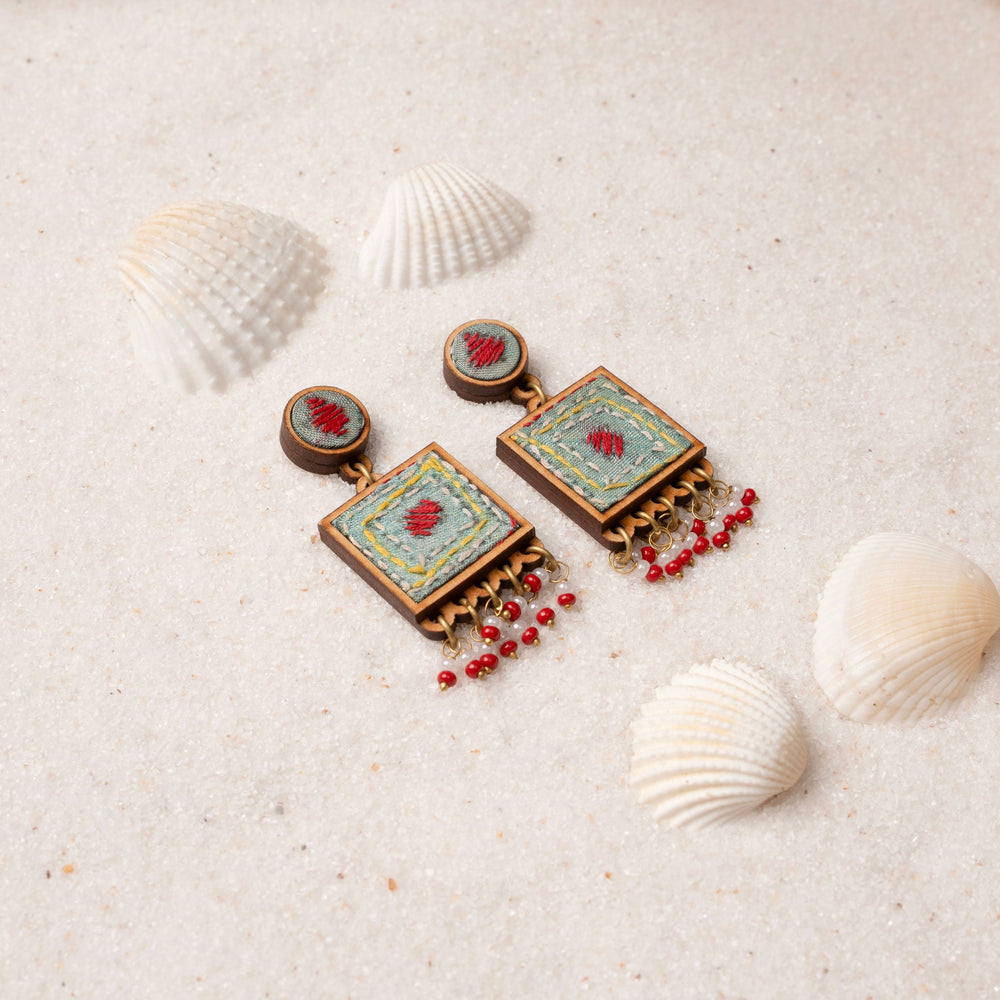 Kantha Columbia Blue Repurposed Silk Fabric and Wood Earrings