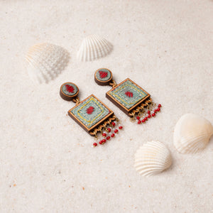 Kantha Columbia Blue Repurposed Silk Fabric and Wood Earrings